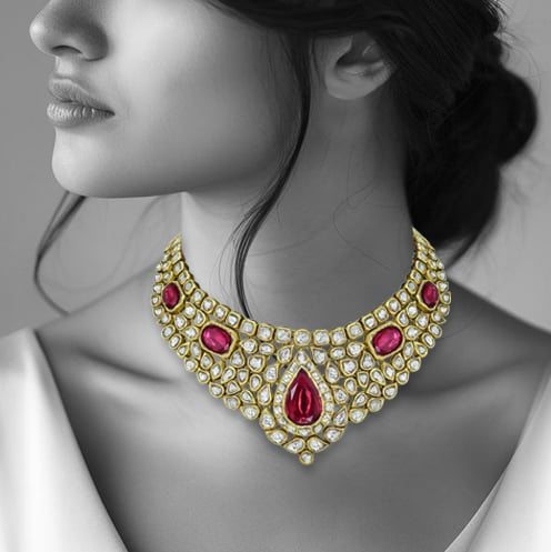 Regal Polki Necklace with Red Stone and Opulent Design